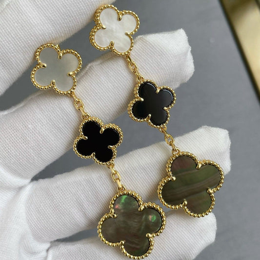 [Jewelicorn]CLOVER 3 MOTIF MOP ONYX DARK MOP PINK GOLD EARRINGS