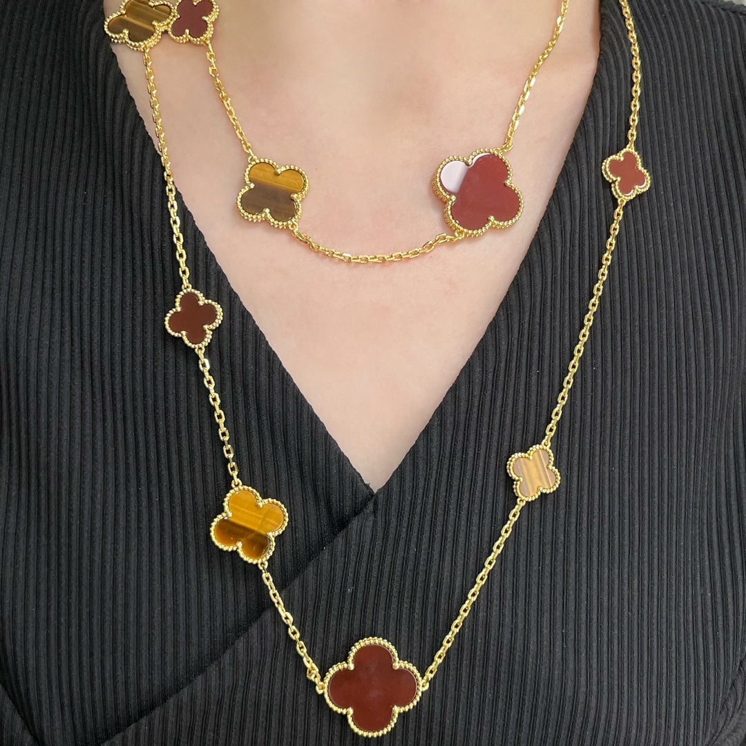 [Jewelicorn]CLOVER 16 MOTIF CARNELIAN TIGER EYE ROSE GOLD NECKLACE