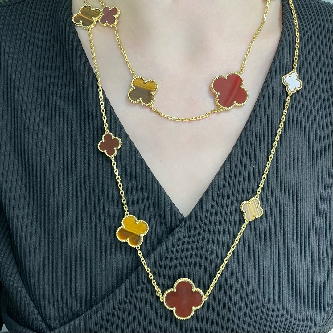 [Jewelicorn]CLOVER 16 MOTIF CARNELIAN TIGER EYE ROSE GOLD NECKLACE