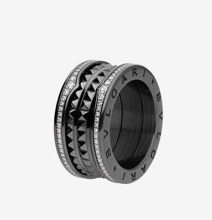 [Jewelicorn]ZERO 1 ROCK FOUR-BAND BLACK CERAMIC WITH STUDDED SPIRAL AND PAVED DIAMONDS RING