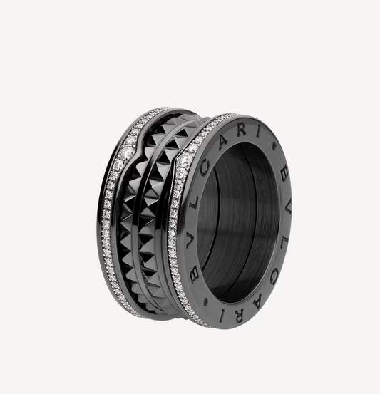 [Jewelicorn]ZERO 1 ROCK FOUR-BAND BLACK CERAMIC WITH STUDDED SPIRAL AND PAVED DIAMONDS RING