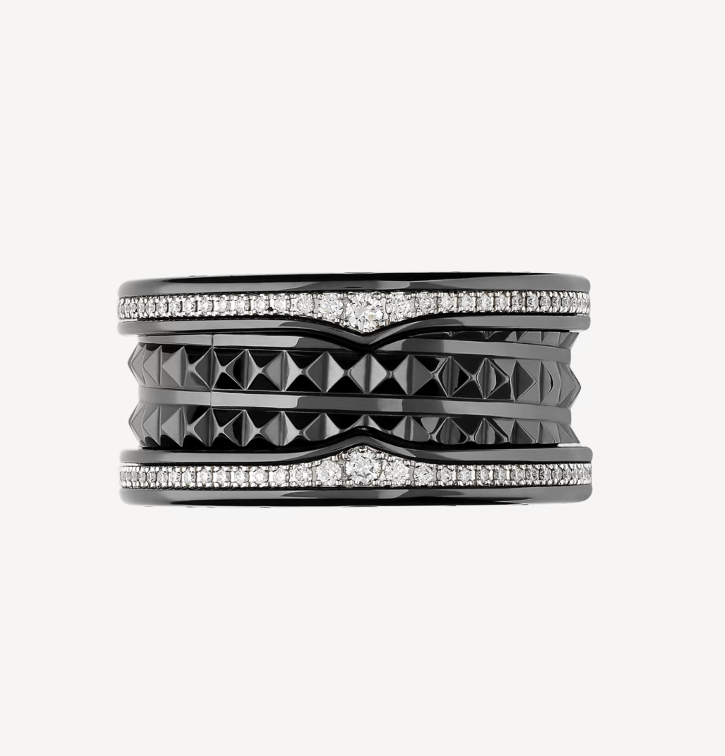 [Jewelicorn]ZERO 1 ROCK FOUR-BAND BLACK CERAMIC WITH STUDDED SPIRAL AND PAVED DIAMONDS RING