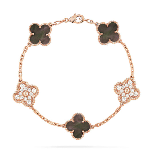 [Jewelicorn]CLOVER 5 MOTIFS DARK MOP AND DIAMONDS PINK GOLD BRACELET