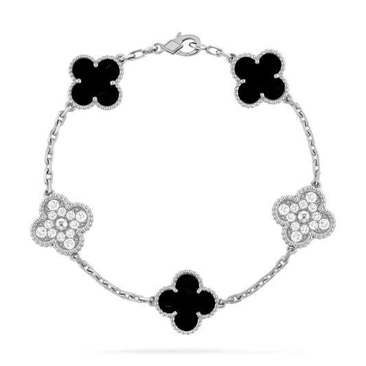 [Jewelicorn]CLOVER 5 MOTIF ONYXS DIAMOND BRACELET SILVER