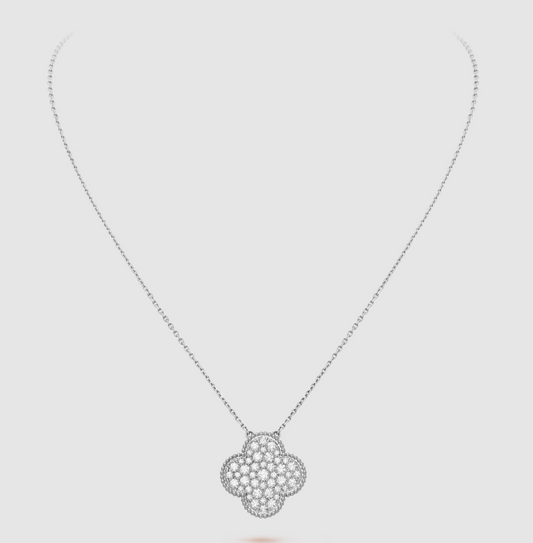 [Jewelicorn]CLOVER 25MM LARGE PENDANT DIAMOND PAVED SILVER NECKLACE