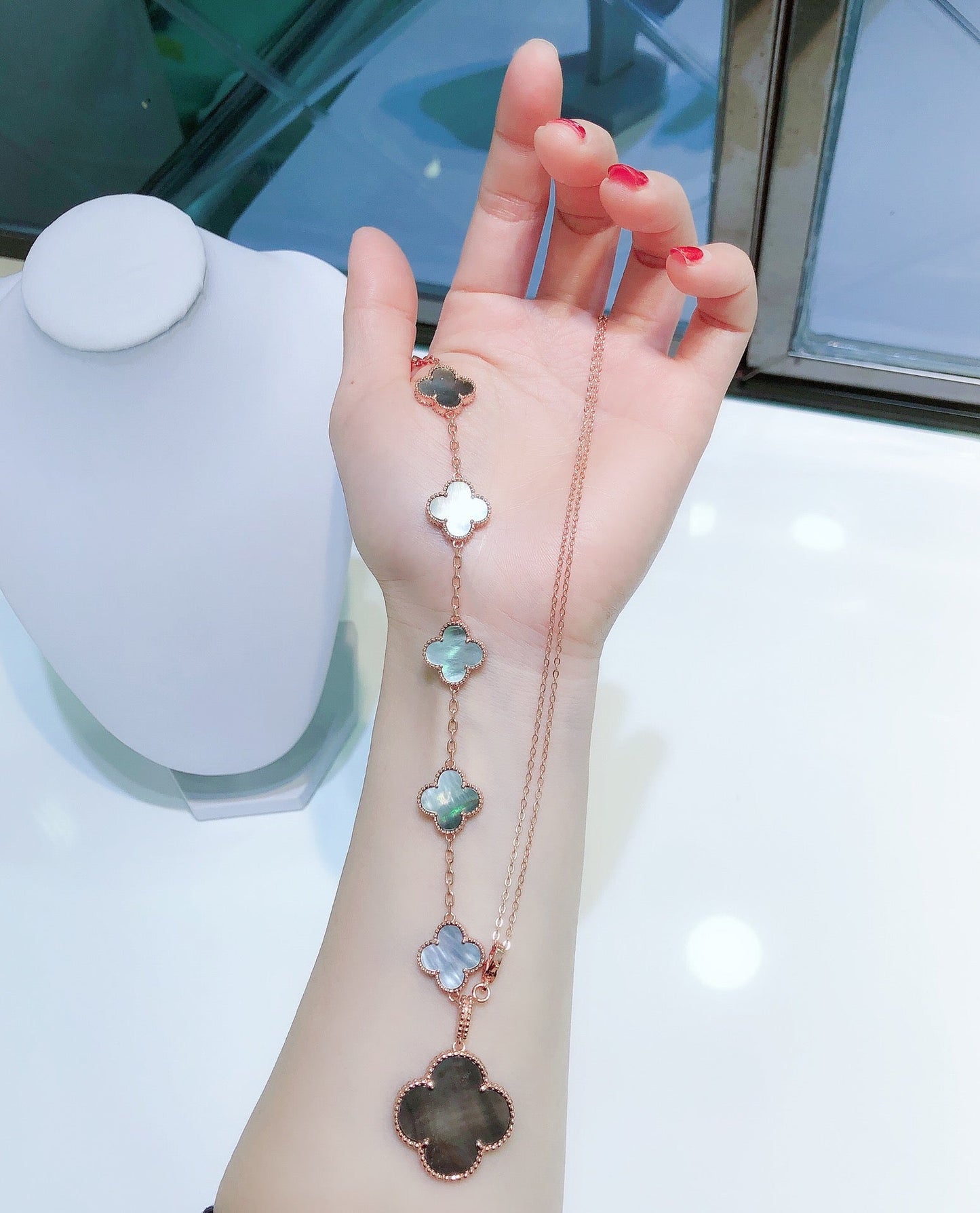 [Jewelicorn]COMBINED BRACELET 5 MOTIFS AND NECKLACE DARK MOP ROSE GOLD