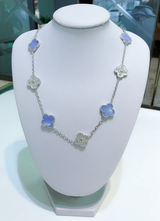 [Jewelicorn]CLOVER 10 MOTIFS CHALCEDONY DIAMONDS SILVER NECKLACE