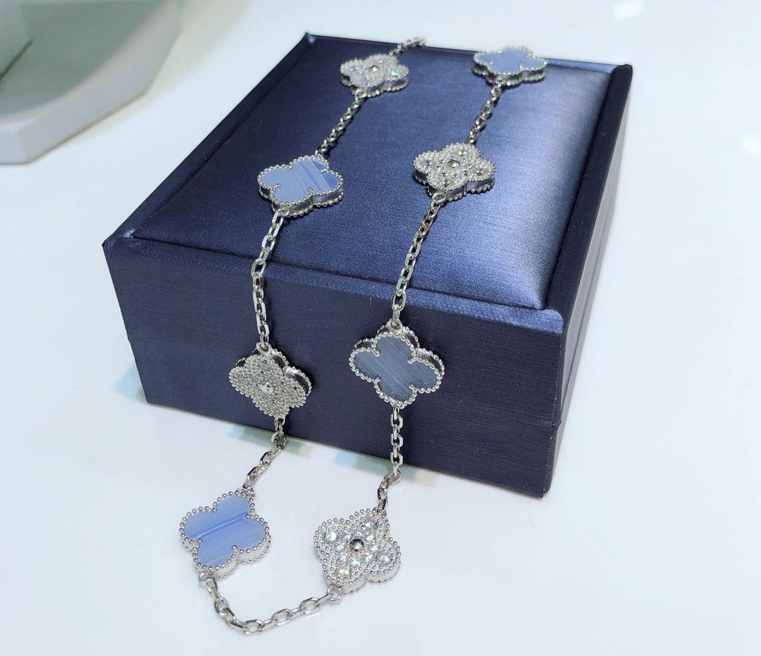 [Jewelicorn]CLOVER 10 MOTIFS CHALCEDONY DIAMONDS SILVER NECKLACE