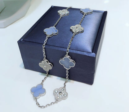 [Jewelicorn]CLOVER 10 MOTIFS CHALCEDONY DIAMONDS SILVER NECKLACE