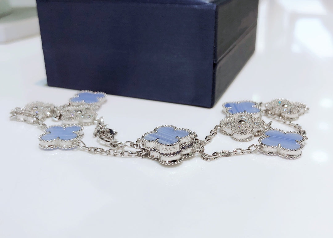 [Jewelicorn]CLOVER 10 MOTIFS CHALCEDONY DIAMONDS SILVER NECKLACE
