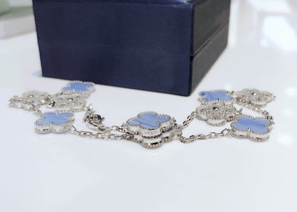 [Jewelicorn]CLOVER 10 MOTIFS CHALCEDONY DIAMONDS SILVER NECKLACE